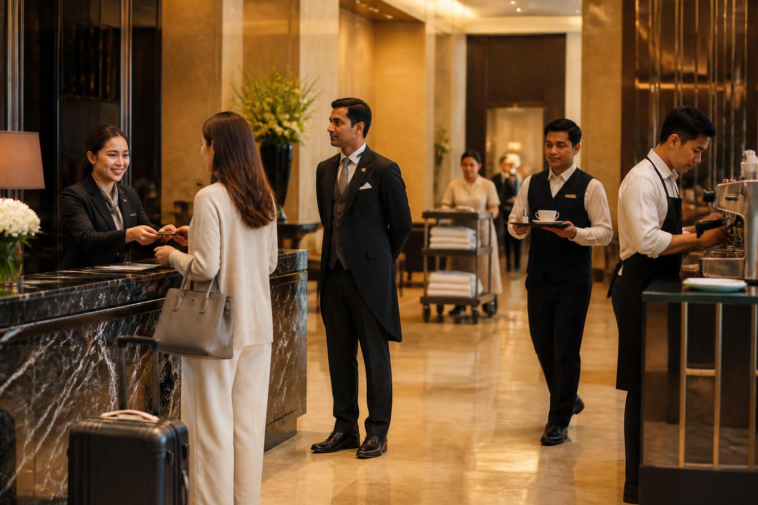Hotel receptionist and concierge welcoming guests at a luxury marble front desk