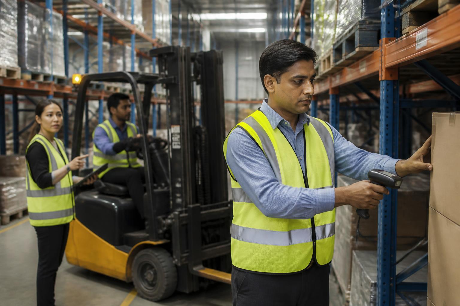 Warehouse and logistics staff handling freight on an industrial site