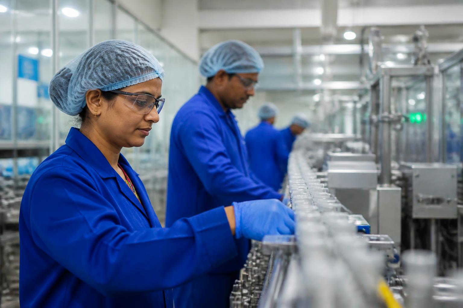 Industrial workers operating machinery inside a manufacturing plant