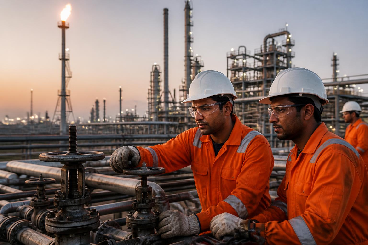 Engineers in helmets reviewing a tablet in front of refinery pipework at dusk