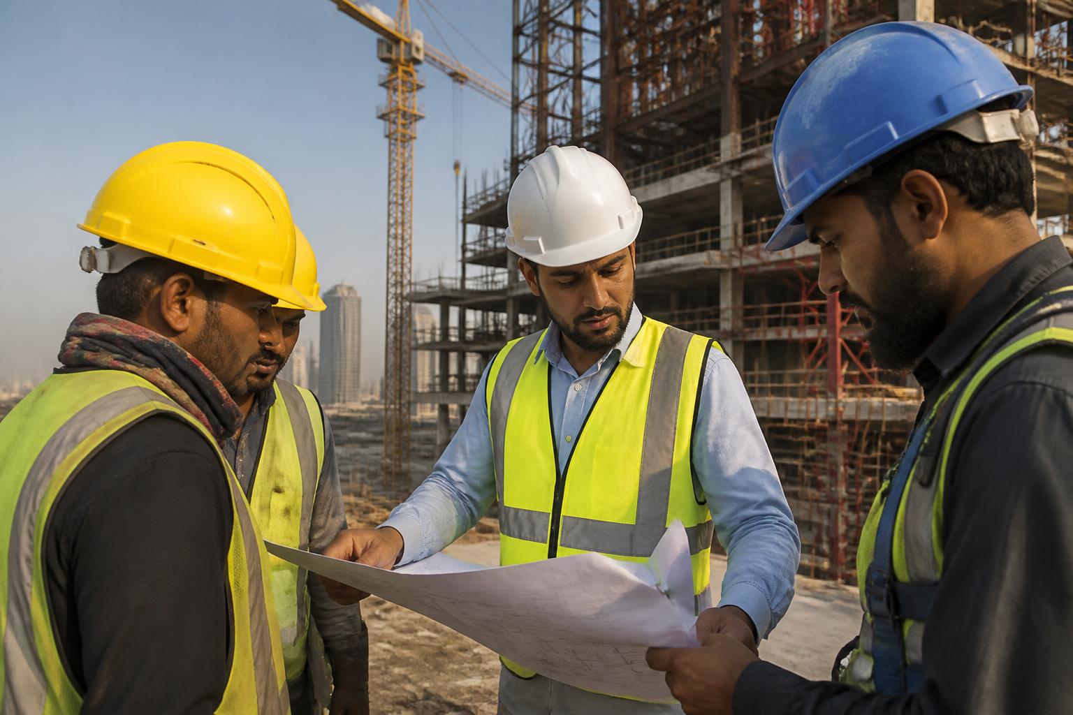 Site engineer and construction workers on a large industrial project